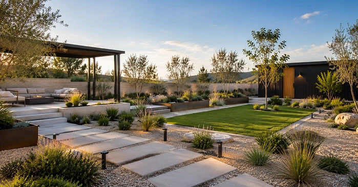 Modern landscaped outdoor living space