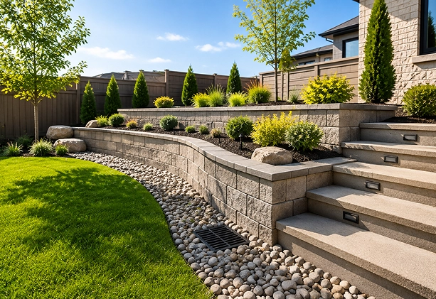 Landscape retaining wall and drainage design